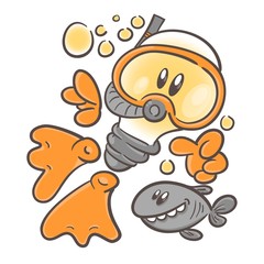 Emotional character cartoon lightbulb. Scientist on sea creatures. Ichthyologist. On white background. Vector
