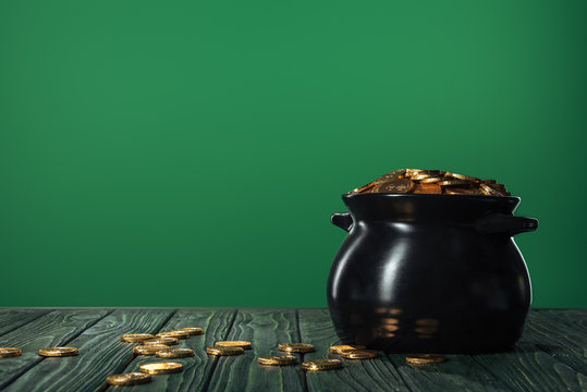 Golden Coins In Pot Isolated On Green With Copy Space, St Patrick Day Concept