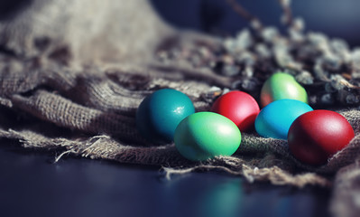 Easter painted eggs on burlap