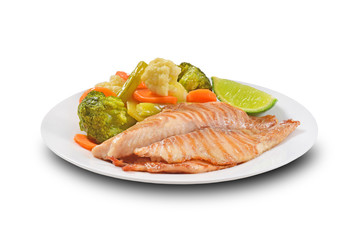 Grilled Fish fillet served with vegetables on white background