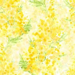 Seamless watercolor pattern with mimosa. Spring floral background. Hand-drawn watercolor illustration.