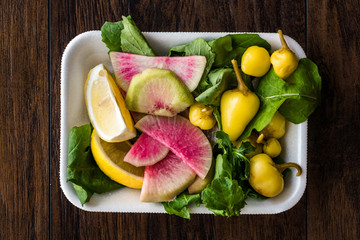 Package of Salad with Turkish Pickle, Radish, Parsley and Lemon in Plastic Box Container.