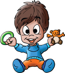 Cartoon baby boy playing with his toys