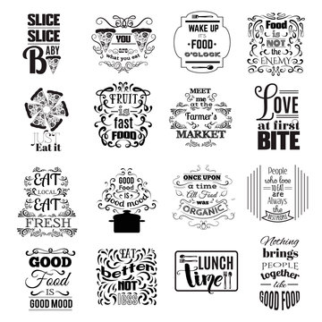 Collection of quote typographical background about food with hand drawn oriental and decorative elements. Illustration of pizza. Unique lettering. Template for poster, business  card and banner