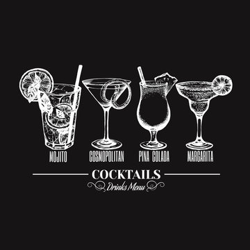 Vector illustration of alcoholic cocktails. Sketch of mojito margarita pina colada and cosmopolitan with slice of lime and straw. Bar menu design. Cocktail party icon. Template for card and poster