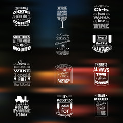 Collection of quote typographical background about champagne cocktails  and wine with silhouette of different kind of glasses and hand drawn elements. Template for business card, poster and banner