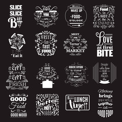Collection of quote typographical background about food with hand drawn oriental and decorative elements. Illustration of pizza. Unique lettering. Template for poster, business  card and banner