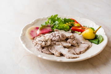 Turkish Offal Food Lamb Brain with Salad / Beyin Sogus served with Plate.