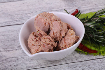 Tasty canned tuna fish in the bowl