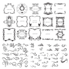 Big collection of hand drawn  frame swirls and curles. Unique romantic design element for wedding cards, in invitations , save the date cards , poster and  banner