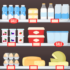 Set of milk product on supermarket shelves. Cheese, egg, butter and yogurt. Cartoon vector