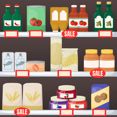 Set of grocery. Product on supermarket shelves. Jam, oil, pasta, flour cookie and canned Cartoon vector