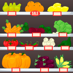 Set of fruit and vegetables on supermarket shelves. Cartoon vector product.