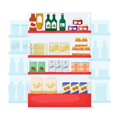 Set of grocery. Product on supermarket shelves. Food store interior. Jam, oil, pasta, flour cookie and canned Cartoon vector