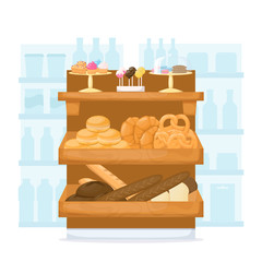 Set of flour product on supermarket shelves. Food store interior. Backery. Bread, baguette, cake, muffin, cakepops and bun. Cartoon vector
