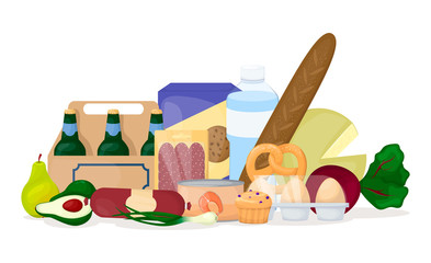 Set of food. Different product pile. Grocery. Beer, egg, vegetables, water, cheese. Cartoon vector.