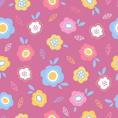 Easter seamless pattern with flowers and leaves on pink background