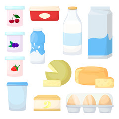 Set of milk product. Cheese, egg, butter and yogurt. Cartoon vector
