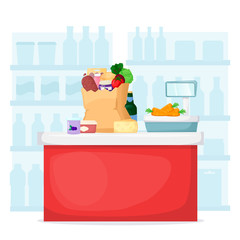 Full shopping paper bag with purchases near checkout counter. Food store, supermarket interior. Set of fresh, healthy and natural product. Vector