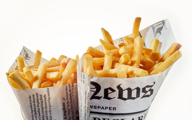Two newspaper cones of French fries