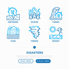Fototapeta na wymiar Disasters thin line icons: earthquake, wildfire, tsunami, tornado, hurricane, flood. Vector illustration.