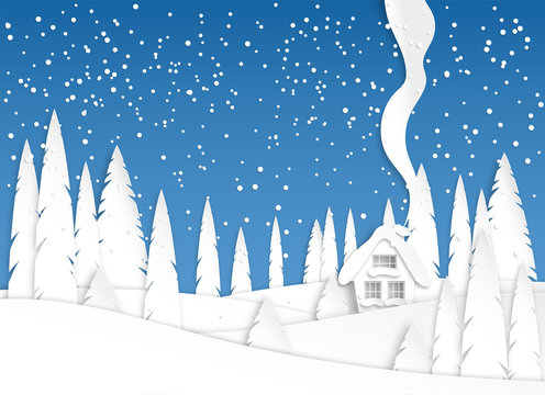 Winter landscape with a house in the day. Snowfall. Snowy trees in a park or forest. Design in the style of paper art. Vector © DropOfWax