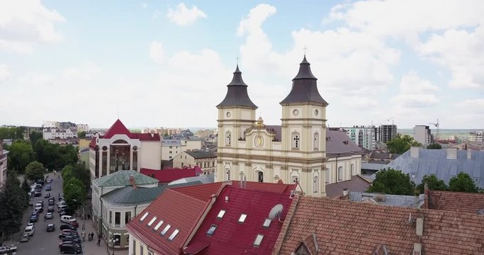 Top view of church and city Ivano-Frankivsk in west of Ukraine