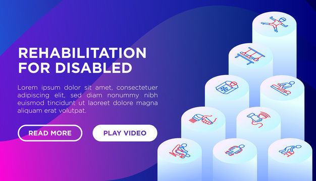 Rehabilitation for disabled web page template with thin line isometric icons: magnetic therapy, laser, massage, lymphatic drainage, cryotherapy. Vector illustration.