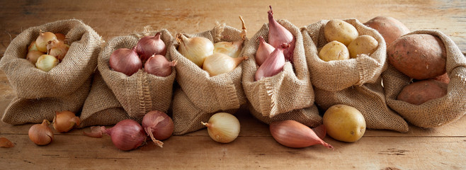 Obraz na płótnie Canvas Row of sacks with onion and potatoes