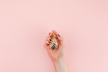 Woman hand holding small golden pineapple