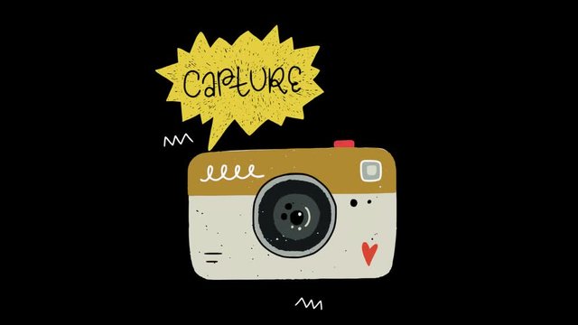 Cartoon flat photo camera in action animation. Amateur travel digital camera, pressing button, flash, animated speech bubble with lettered word Capture, Click. Motion graphic for photographer, studio.