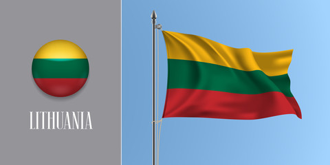Lithuania waving flag on flagpole and round icon vector illustration