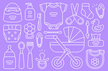 Set of Baby things. isolated on purple background