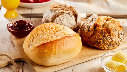 Buns of various bread served in restaurant