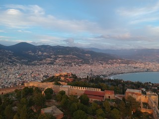 Obraz premium beach in Turkey, top view, quadcopter and drone, fortress, city of Alanya