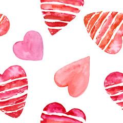 Valentine hearts background. Seamless pattern with red hearts. Watercolor  heart. Romantic background.