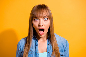 Close-up portrait of her she nice attractive winsome amazed straight-haired lady opened mouth isolated over bright vivid shine yellow background