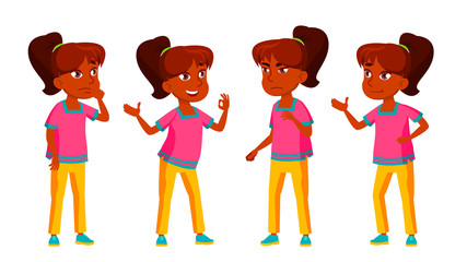 Indian Girl Kid Poses Set Vector. High School Child. Teenage. For Advertisement, Greeting, Announcement Design. Isolated Cartoon Illustration