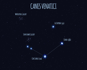 Obraz na płótnie Canvas Canes Venatici (The Hunting Dogs) constellation, vector illustration with the names of basic stars against the starry sky 