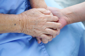 Fototapeta premium Holding Touching hands Asian senior or elderly old lady woman patient with love, care, helping, encourage and empathy at nursing hospital ward : healthy strong medical concept 