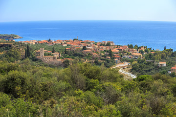 Fototapeta na wymiar distant view on modern Kardamyli village on Peloponnese