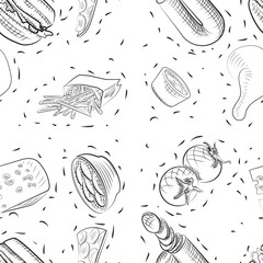 Vector hand drawn doodle food seamless patterns. black-white background.