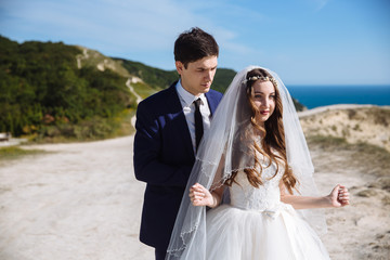 Elegant groom in suit stands behind bride in beautiful white dress posing on rock with sea and mountains background