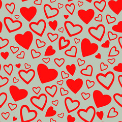 Obraz na płótnie Canvas Seamless pattern with different size red hearts on a gray background.