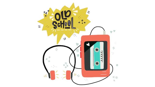 Cartoon motion graphic of the cassette player, playing music and sound came out of the headphones. Old School hand lettering. Perfect for 80s 90s nostalgical party, music event, festival. 2D animation