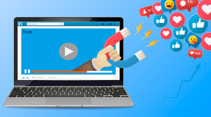 Digital advertising, vector 3d concept, online conference, media promotion, laptop speaker illustration