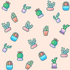  Seamless pattern with different types of cactus and desert plants. Lovely desert plants, cacti on pink background and gradation color cacti. Template for design fabric, backgrounds, wrapping.