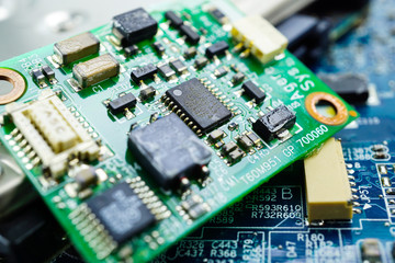 Fototapeta na wymiar Computer circuit cpu chip mainboard core processor electronics device : concept of data, hardware, technician and technology.