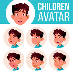Asian Boy Avatar Set Kid Vector. Kindergarten. Face Emotions. Web, Head, Icon. Beauty, Lifestyle, Friendly. Poster, Clipart. Cartoon Head Illustration © PikePicture