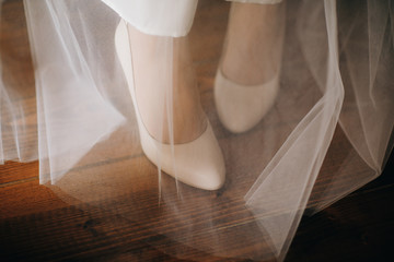 Fototapeta na wymiar The bride getting her wedding shoes. Woman shoes on the bridal veil